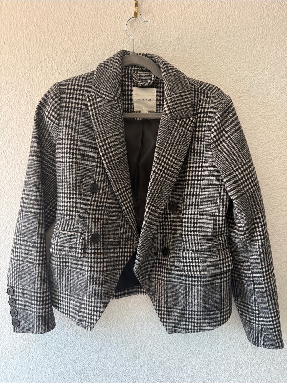 Aritzia Black and White Plaid Double-Breasted Blazer